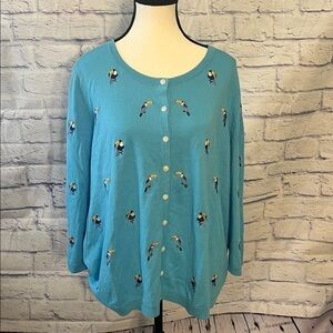 Talbots Cardigan Sweater Lightweight Tropical Birds Parrots Size 2X Petite Blue